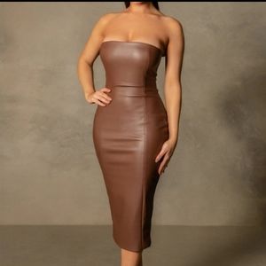 Pamela Strapless Brown Leather Dress